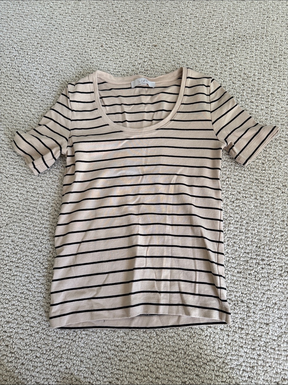 LOFT Beige and Black Striped Scoop Neck Short Sleeve Tee